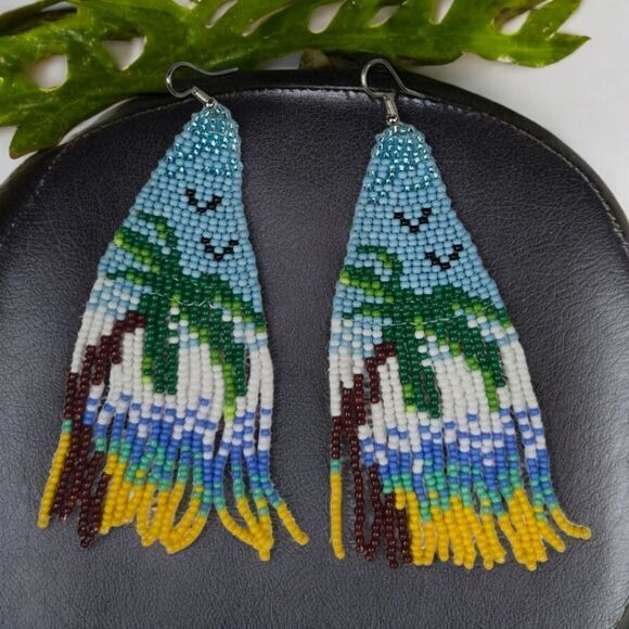 Palm Tree Beach Earrings Glass Bead Boho Dangle Island Jewelry Summer Beaded NEW - Picture 4 of 6